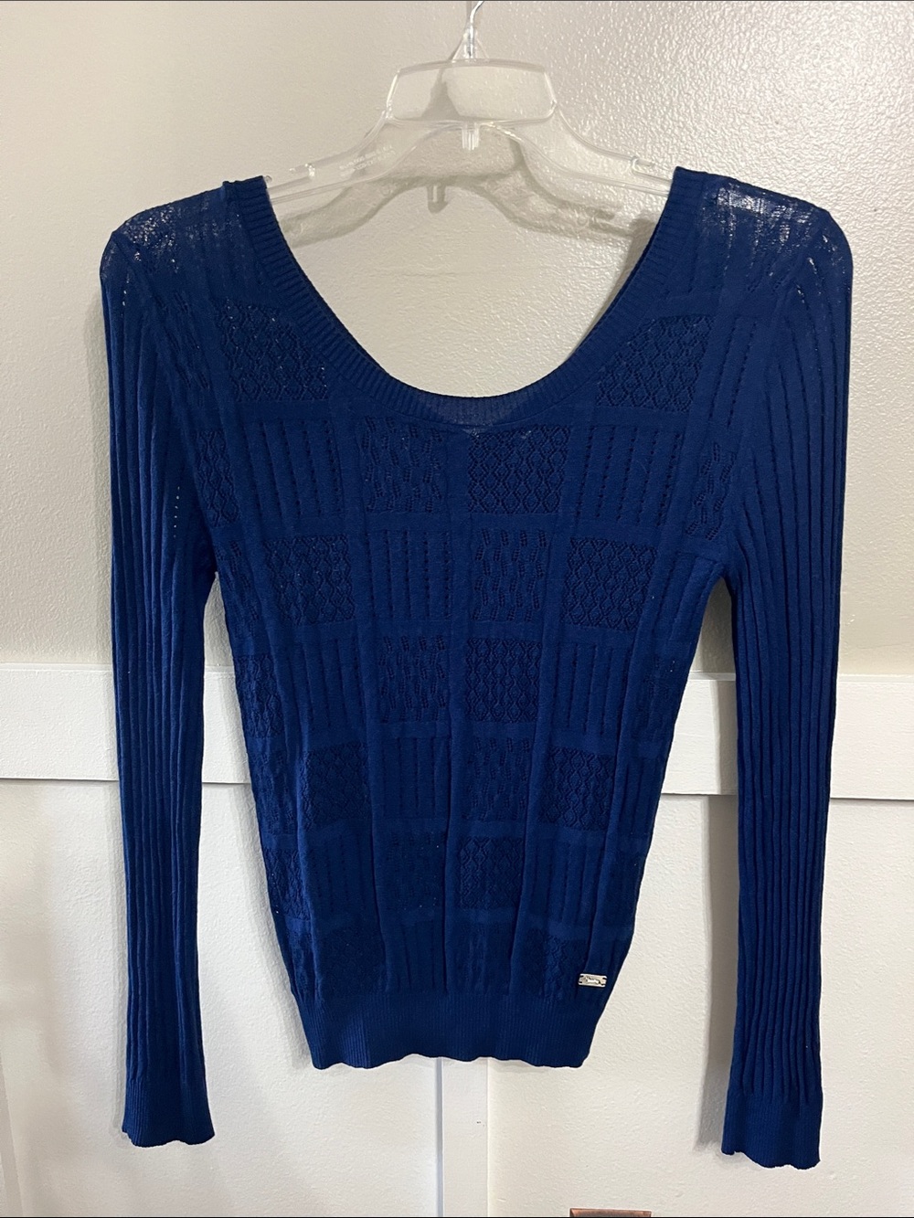 Harmont & Blaine Navy Textured Knit scoop neck v back Sweater Sz Med